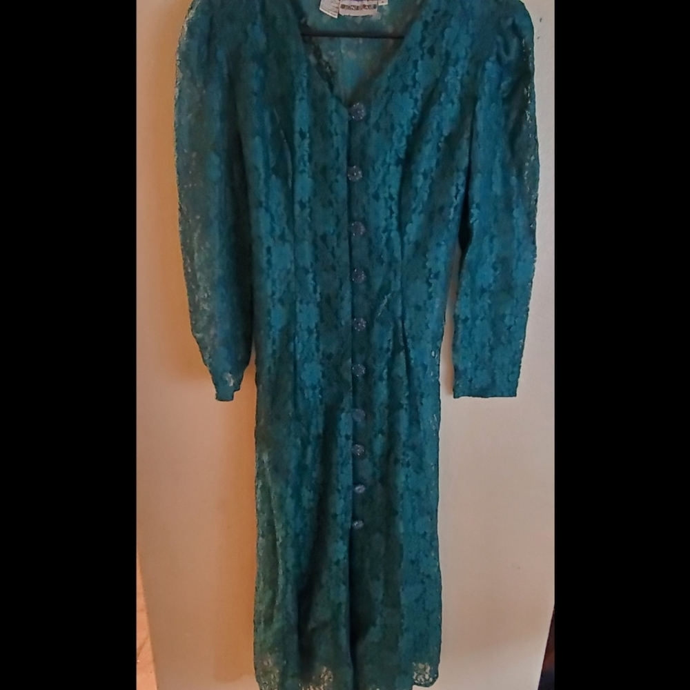 Vintage 70s Green Lace Button Sheer Boho Dress